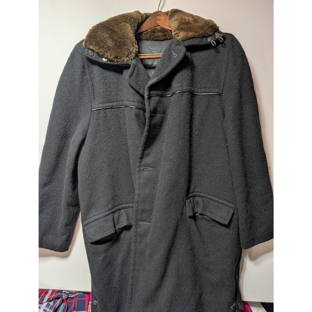 Vintage Wool Overcoat Faux Fur Collar Anchor Buttons Plaid Lined Heavy Coat Mens
